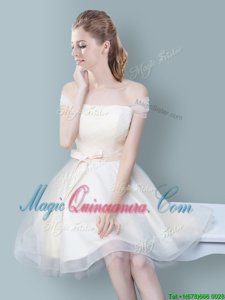 Luxury Off the Shoulder Sleeveless Knee Length Ruching and Bowknot Zipper Court Dresses for Sweet 16 with Champagne