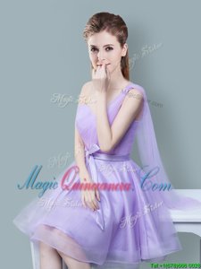 Captivating One Shoulder Ruching and Bowknot Damas Dress Lavender Zipper Sleeveless Knee Length