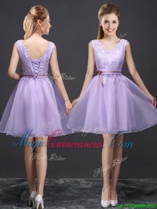 Sleeveless Mini Length Lace and Appliques and Belt Lace Up Dama Dress with Lavender