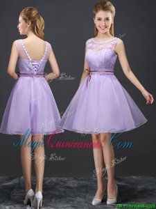 Scoop Lavender Sleeveless Organza Lace Up Damas Dress for Prom and Party and Wedding Party