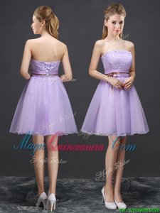 Affordable Mini Length Lace Up Dama Dress Lavender and In for Prom and Party and Wedding Party with Lace and Belt