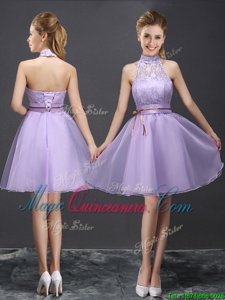 Custom Made Lavender Organza Lace Up Halter Top Sleeveless Mini Length Damas Dress Lace and Belt