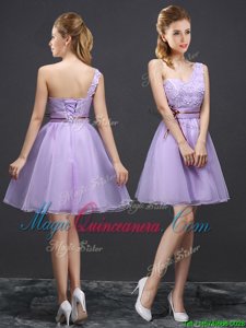 Fabulous One Shoulder Mini Length Lace Up Dama Dress Lavender and In for Prom and Party and Wedding Party with Lace