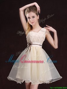 One Shoulder Champagne Lace Up Damas Dress Appliques and Belt Sleeveless Mini Length