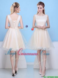 Scoop Tulle Sleeveless Knee Length Vestidos de Damas and Bowknot