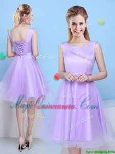 Scoop Sleeveless Tulle Knee Length Lace Up Quinceanera Dama Dress in Lavender for with Bowknot