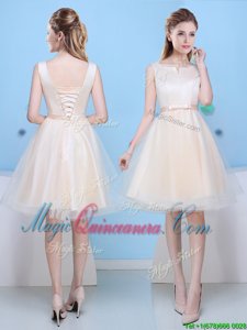Scoop Knee Length Lace Up Court Dresses for Sweet 16 Champagne and In for Prom and Party with Bowknot