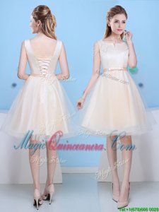 Scoop Knee Length Lace Up Court Dresses for Sweet 16 Champagne and In for Prom and Party with Bowknot