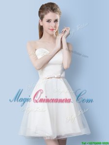 Exquisite A-line Quinceanera Court of Honor Dress White Sweetheart Tulle Sleeveless Knee Length Lace Up