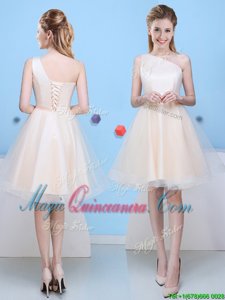 Vintage One Shoulder Tulle Sleeveless Knee Length Dama Dress for Quinceanera and Bowknot