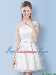 White A-line Tulle One Shoulder Sleeveless Bowknot Knee Length Lace Up Vestidos de Damas