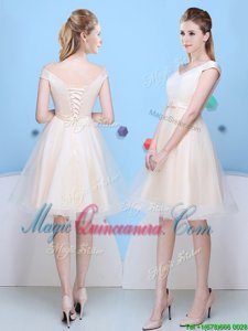 Cute Champagne V-neck Neckline Bowknot Quinceanera Court Dresses Cap Sleeves Lace Up
