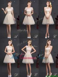 Perfect Mini Length Lace Up Court Dresses for Sweet 16 Champagne and In for Prom and Party and Wedding Party with Beading and Lace and Appliques and Belt