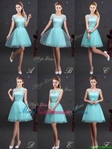 A-line Quinceanera Court of Honor Dress Aqua Blue High-neck Tulle Sleeveless Mini Length Lace Up