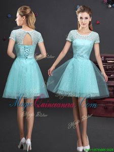 Scoop Aqua Blue A-line Lace and Appliques and Belt Quinceanera Court Dresses Lace Up Tulle Short Sleeves Mini Length