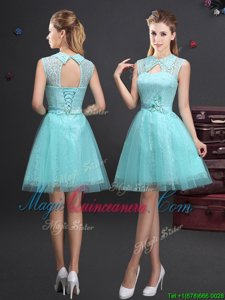 Sleeveless Mini Length Lace and Appliques and Belt Lace Up Quinceanera Court Dresses with Aqua Blue