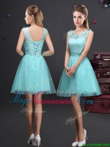 Fashionable Aqua Blue A-line Scoop Sleeveless Tulle Mini Length Lace Up Lace and Appliques and Belt Dama Dress