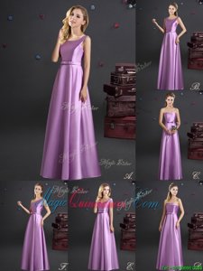 Perfect Lilac Empire Square Sleeveless Elastic Woven Satin Floor Length Zipper Bowknot Quinceanera Dama Dress
