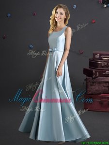 Square Sleeveless Elastic Woven Satin Floor Length Zipper Court Dresses for Sweet 16 in Light Blue for with Bowknot