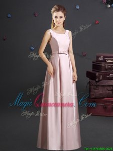 Square Pink Sleeveless Bowknot Floor Length Quinceanera Court Dresses