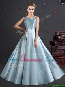 Affordable Straps Straps Elastic Woven Satin Sleeveless Floor Length Quinceanera Court of Honor Dress and Bowknot