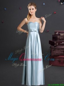 Artistic Floor Length Zipper Dama Dress for Quinceanera Light Blue and In for Prom and Party and Wedding Party with Bowknot