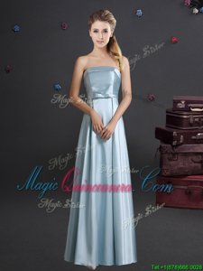 Floor Length Light Blue Dama Dress Elastic Woven Satin Sleeveless Bowknot