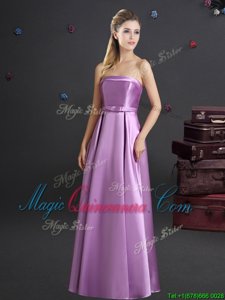 Lilac Empire Bowknot Damas Dress Zipper Elastic Woven Satin Sleeveless Floor Length