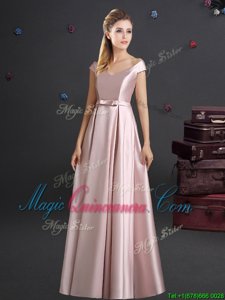 Beauteous Pink Off The Shoulder Zipper Bowknot Quinceanera Court of Honor Dress Cap Sleeves