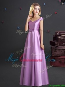Off the Shoulder Lilac Cap Sleeves Floor Length Bowknot Zipper Vestidos de Damas