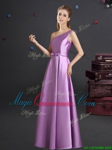 Elastic Woven Satin One Shoulder Sleeveless Zipper Bowknot Vestidos de Damas in Lilac