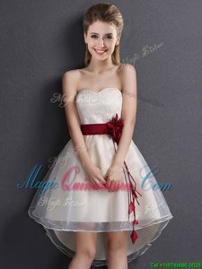 Champagne Organza Lace Up Sweetheart Sleeveless High Low Dama Dress Lace and Hand Made Flower