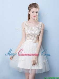 Romantic Sequins A-line Quinceanera Court of Honor Dress Champagne Square Tulle Sleeveless Mini Length Lace Up