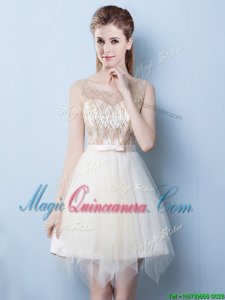 Champagne Scoop Neckline Sequins and Bowknot Damas Dress Sleeveless Lace Up