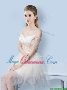 Comfortable Off the Shoulder Short Sleeves Tulle Asymmetrical Lace Up Quinceanera Dama Dress in Champagne for with Sequins and Bowknot