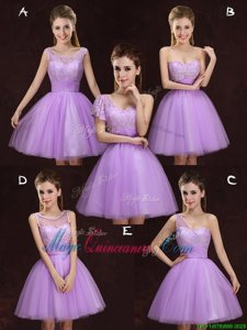 Colorful Lilac Lace Up Scoop Lace and Ruching Quinceanera Court of Honor Dress Tulle Sleeveless