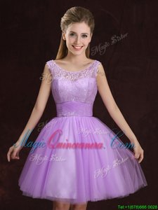 Tulle Scoop Sleeveless Lace Up Lace and Ruching Quinceanera Court Dresses in Lilac