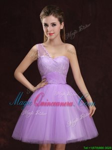 One Shoulder Lilac A-line Lace and Ruching Quinceanera Court of Honor Dress Lace Up Tulle Sleeveless Mini Length