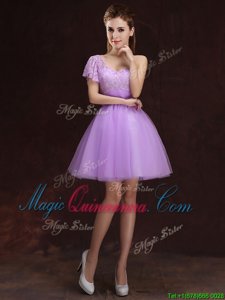 Lilac Ball Gowns Tulle One Shoulder Sleeveless Lace and Ruching Mini Length Lace Up Damas Dress