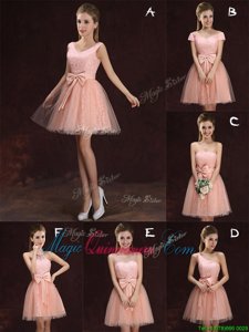 Peach A-line Tulle and Lace V-neck Sleeveless Lace and Bowknot Mini Length Lace Up Quinceanera Court Dresses