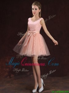 Top Selling Lace and Bowknot Quinceanera Court of Honor Dress Peach Lace Up Sleeveless Mini Length