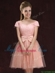 Shining Peach Tulle and Lace Lace Up Off The Shoulder Short Sleeves Mini Length Vestidos de Damas Lace and Bowknot