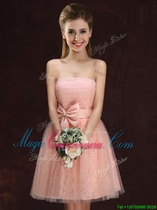 Sumptuous Strapless Sleeveless Court Dresses for Sweet 16 Mini Length Lace and Bowknot Peach Tulle and Lace