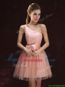 Peach A-line Tulle and Lace One Shoulder Sleeveless Lace and Bowknot Mini Length Lace Up Quinceanera Dama Dress
