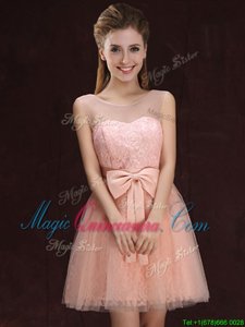 Best Selling Mini Length Peach Quinceanera Court of Honor Dress Scoop Sleeveless Lace Up