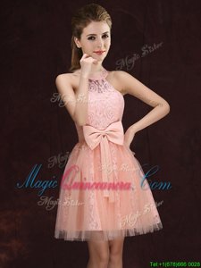 Best Selling Halter Top Peach Sleeveless Tulle and Lace Lace Up Quinceanera Court Dresses for Prom and Party and Wedding Party