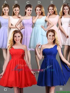 Traditional One Shoulder Beading and Ruching Quinceanera Dama Dress Red and Champagne Zipper Sleeveless Mini Length