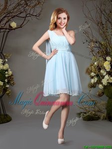 Light Blue One Shoulder Neckline Beading and Ruching Dama Dress Sleeveless Zipper