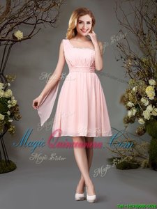 Noble One Shoulder Sleeveless Mini Length Beading and Ruching Zipper Damas Dress with Pink