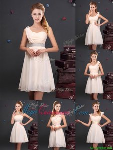 Sleeveless Chiffon Mini Length Zipper Quinceanera Dama Dress in Champagne for with Ruffles and Sequins and Ruching and Bowknot and Hand Made Flower
